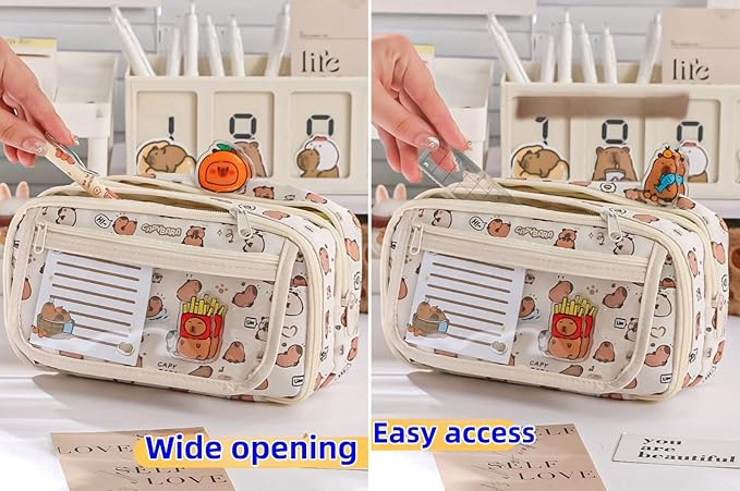 Cute Kawaii Pencil Case Pouch Cartoon Pen Box Holder Organizer for Office Workspace Supplies Desk Accessories Travel Essentials Aesthetic Trendy Cool Stuff Gift Large Capacity (Black Cat)