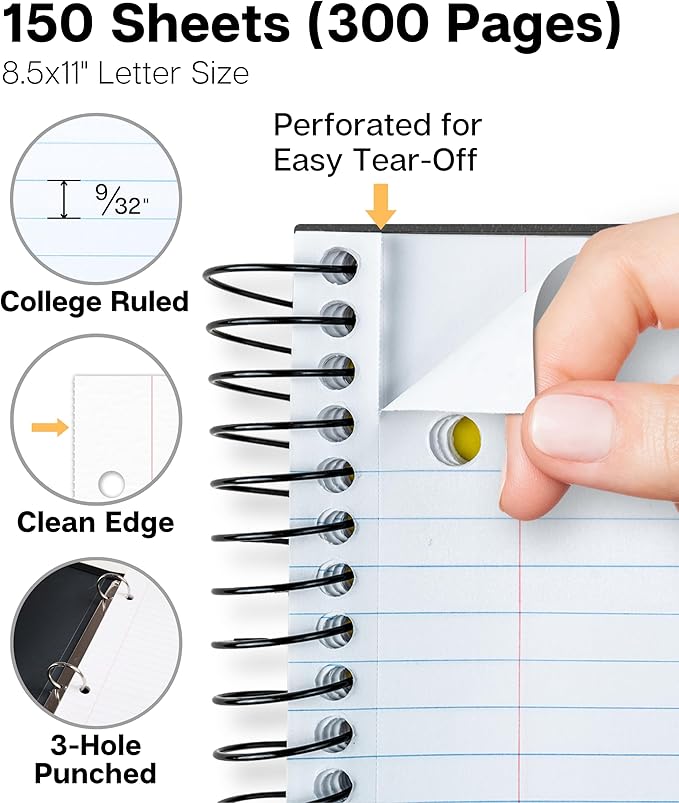 Dunwell 3-Subject Notebook College Ruled 8.5 x 11 (Black), 150 Sheets (300 Pages), Spiral Notebook 8.5x11 with Tabs, Movable Dividers, Storage Pockets, Protective Plastic Covers