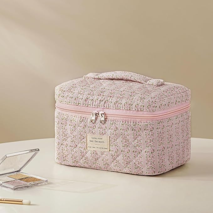 HBselect Quilted Makeup Bag, 3Pcs Cotton Large Travel Makeup Bags Organizer | Cute Floral Make up Bag Cosmetic Bag Toiletry Bag for Women Girls, Makeup Pouch for Skincare, Brushes & Travel Essentials