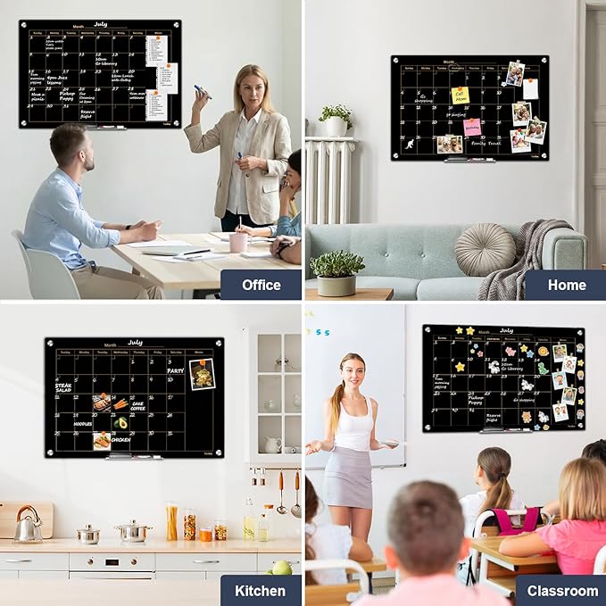 Glass Calendar Dry Erase Board for Wall, TANKEE 36x24 Inches Black Magnetic Glass Whiteboard, Large Monthly Calendar White Board for Office School Home Classroom Kitchen Wall