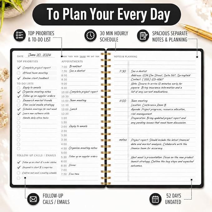 Daily Planner with Hourly Schedules - Undated To Do List Notebook for Work and Study, Spiral Bound, 5.5" x 8.5", Easily Manage Tasks and Appointments - Black
