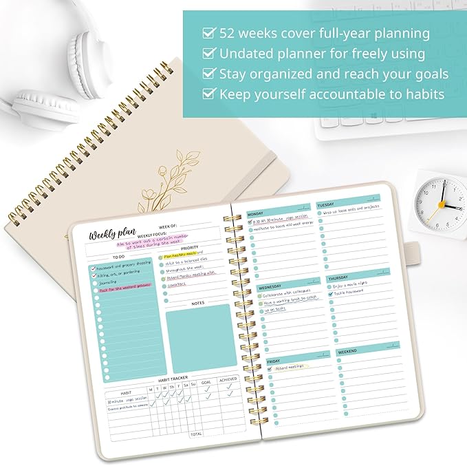 Undated Weekly Planner, Weekly To Do List Notebook with Goal & Habit Tracker Organizer, A5 Weekly Planner Notebook with Spiral Binding, 6.1" x 8.2" - Beige