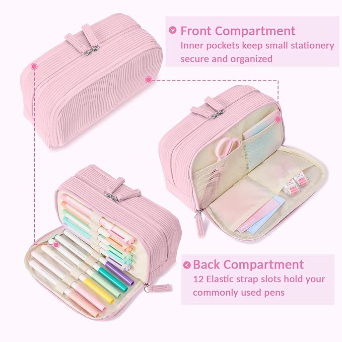 Sooez Big Capacity Pencil Case Pen Pouch, Soft Corduroy Pencil Bag with 3 Compartment, Multiple Pockets, Sturdy Zipper, Cute School Supplies Pen Bag Organizer For Teen Girls College, Pink