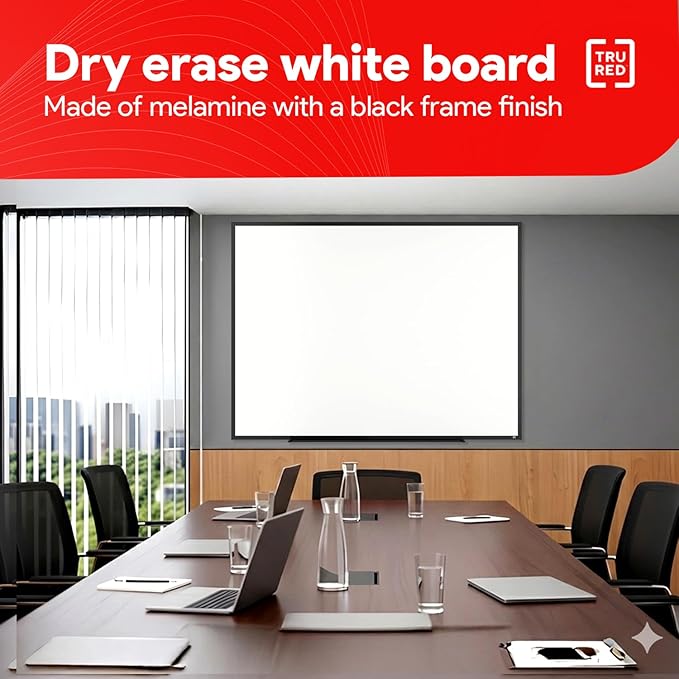 TRU RED Melamine Whiteboard | Dry Erase Board for Wall, White Board with Black Aluminum Frame, 4 ft x 3 ft