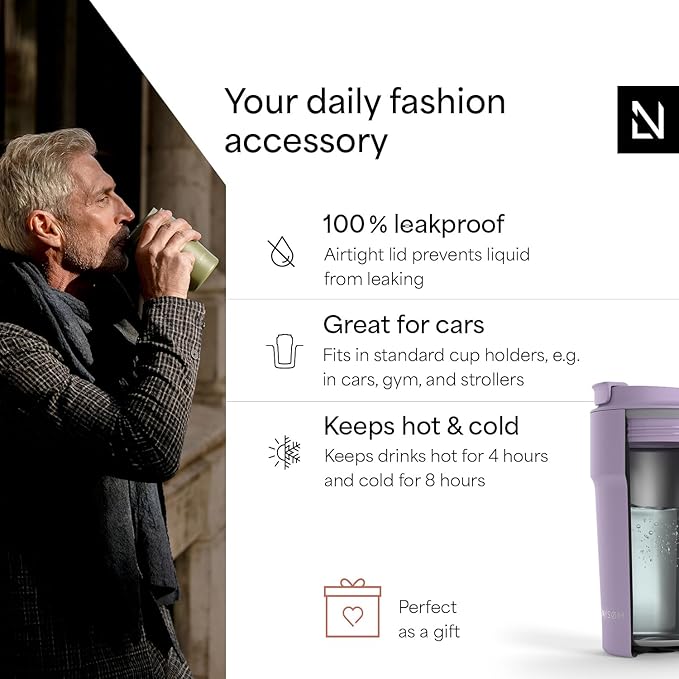LARS NYSØM Thermo Coffee Mug to go 17oz | Travel Mug 0.5 Liter with Insulation | Leak Proof Stainless Steel Thermal Tumbler for Coffee and Tea on the Go (Lavender Purple, 17oz)