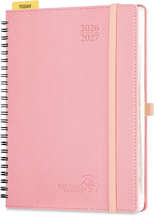 POPRUN 2026-2027 Academic Weekly Planner, 6.75" x 8.75" Horizontal Daily Book Calendar, July 2026 to June 2027, Softcover Appionment Book with Monthly Tabs, Spiral Bound, Inner-Pocket - Soft Pink