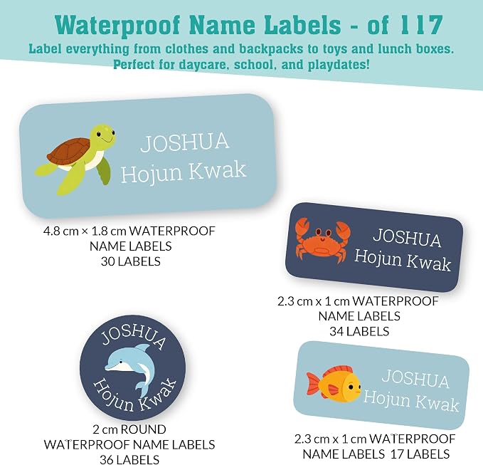 Personalized Daycare Name Labels for Kids (117 Labels) - Custom Durable Waterproof Name Stickers for Clothing Tags, Water Bottles, Lunch Boxes, and School Supplies - Dishwasher, Washer