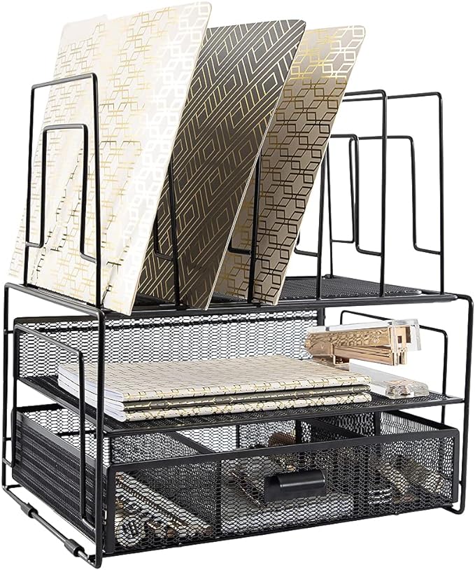 BLU MONACO | Black Wire Mesh Desk Organizer with Drawer | Desk Associates Women Office Set | File Sorters and Mesh Pen Holders Desktop Storage System