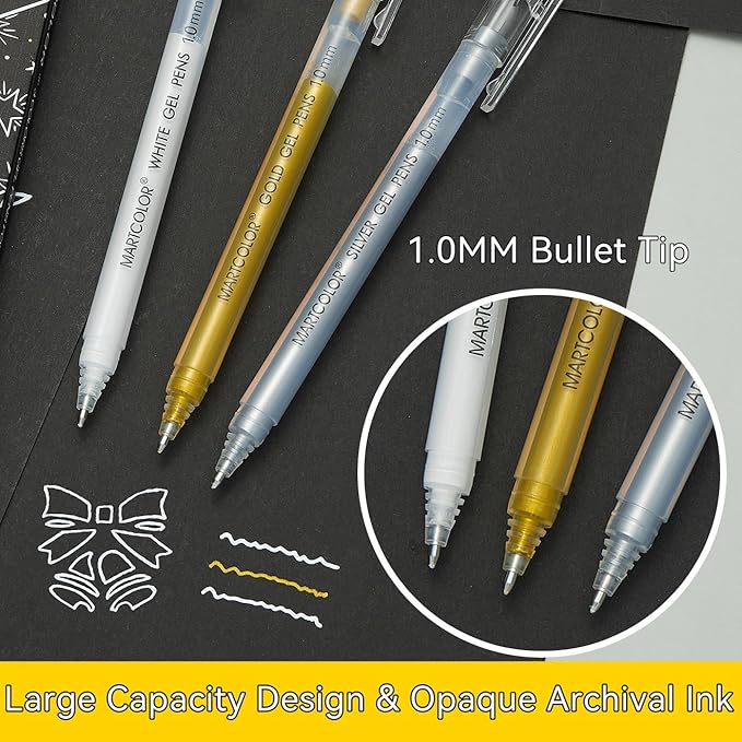 MARTCOLOR Gold Silver White Gel Pens, 1.0 Fine Point Opaque Archival Ink Pen for Black Paper Drawing, Art Highlight, Illustration, Bullet Journaling, Card Making & DIY Projects, 3 Pack