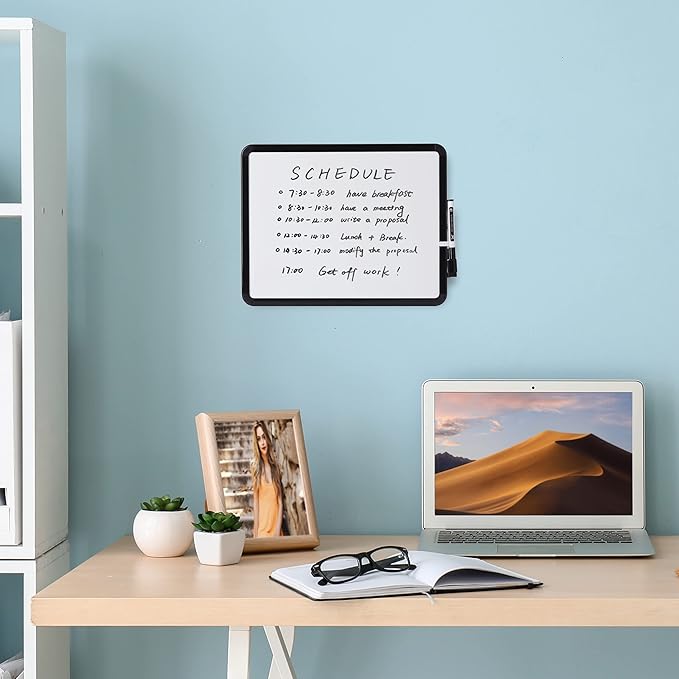 Mr. Pen- Dry Erase Board, 14” x 11” with a Black Dry Erase Marker, Black Frame, Small Mini White Board for Students, Fridge, Wall, Locker, Includes Double Sided Tapes