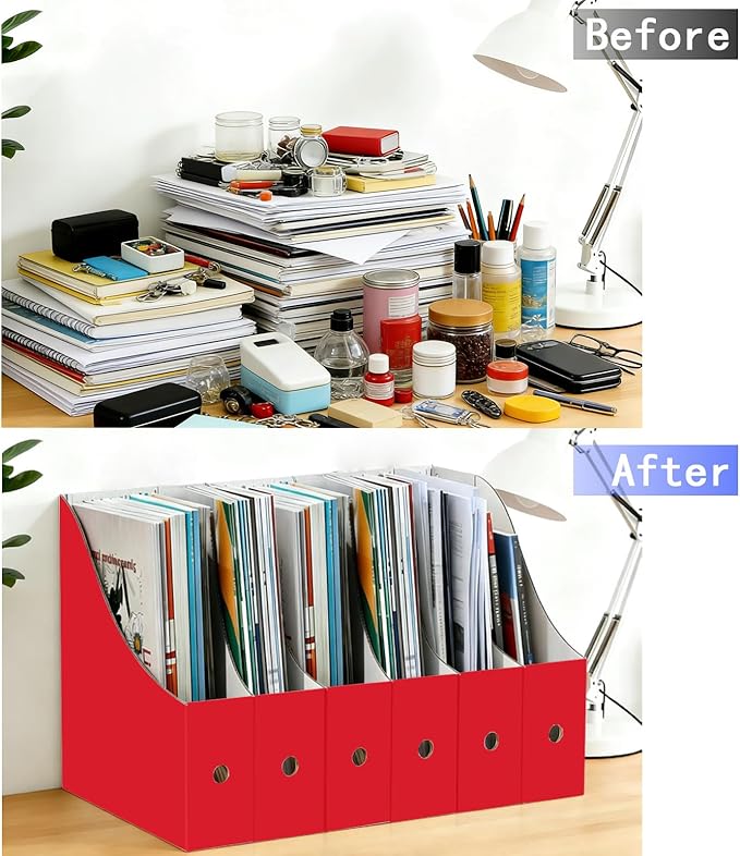 Limitliho 6 Pack Cardboard Magazine Holder for Desk, Book Bins for Classroom Library,Office,Home, 10.6" H x 10.2" L x 3.5" W in Magazine File Holder (Red)