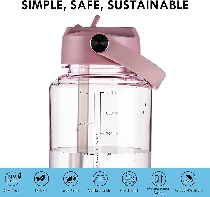 OLDLEY 32 oz Clear Water Bottle with Straw,Tritan BPA-Free, Wide Mouth, Leak Proof - for Gym, Travel, Home, School, Office (Pink)