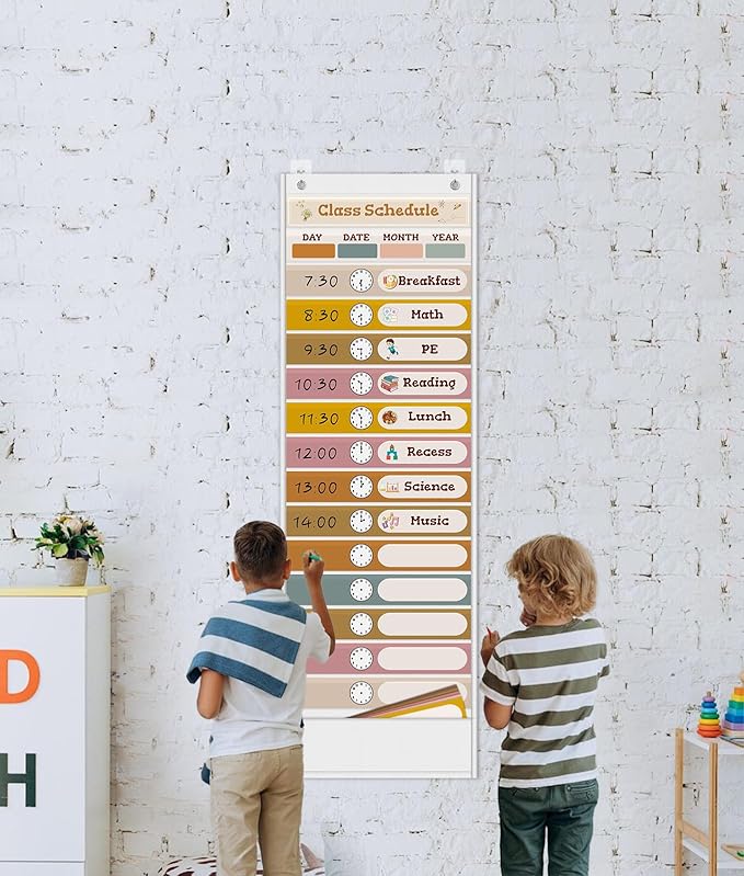 15+1 Pockets Daily Schedule Pocket Chart with 24 Double Sided Cards, Visual Classroom Schedule Pocket Chart, School Teachers Supplies for Classroom, Boho White