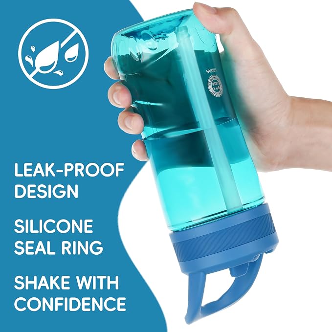 14oz Clear Kids Water Bottle with Straw Lid, BPA-Free Tritan, Measurement Scale, Sturdy Handle Wide Mouth Leak-proof Reusable Plastic Bottle for Boy& Girls, Back to School(Blue)
