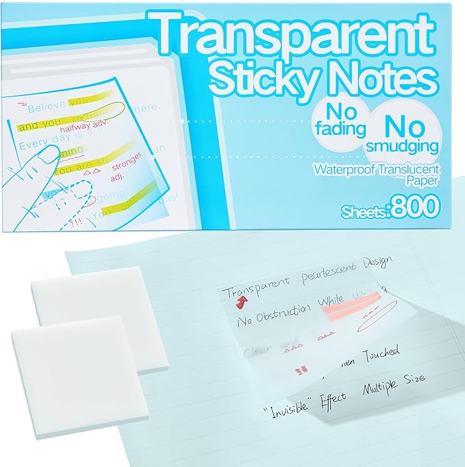 Clear Transparent Self-Adhesive Sticky Notes with Tabs, 3x3 Inches 800 Sheets of Translucent Paper for Bible Study & Indexing, See-Through, Waterproof & Repositionable, No Fading