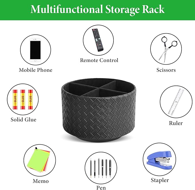 Round Leather Art Supply Organizer,Remote Control Holder,360 Degree Spinning,Multi-Functional Pencil Holder,4 Compartments Desktop Stationary Organizer(1-Weave Black)