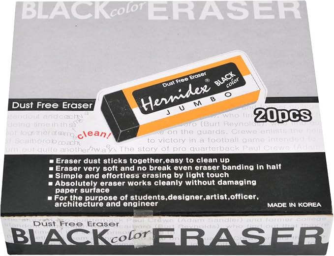 Hernidex #1020 Jumbo Dust-Free Eraser | Effortless Erasing, Clean & Smooth Finish, Gentle on Paper, Black Bulk Pack 20pcs Erasers for Art Drawing School