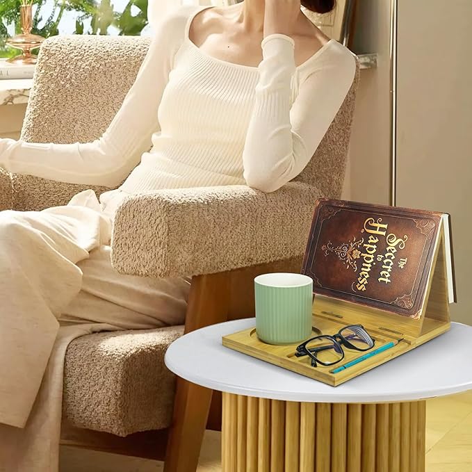 ZenRich Bamboo Wooden Book Stand Holder - Unique Book Nook Reading Valet with Cup, Glasses & Pen/Tablet/Kindle Holder. Foldable Bookmark - Ideal for Lovers