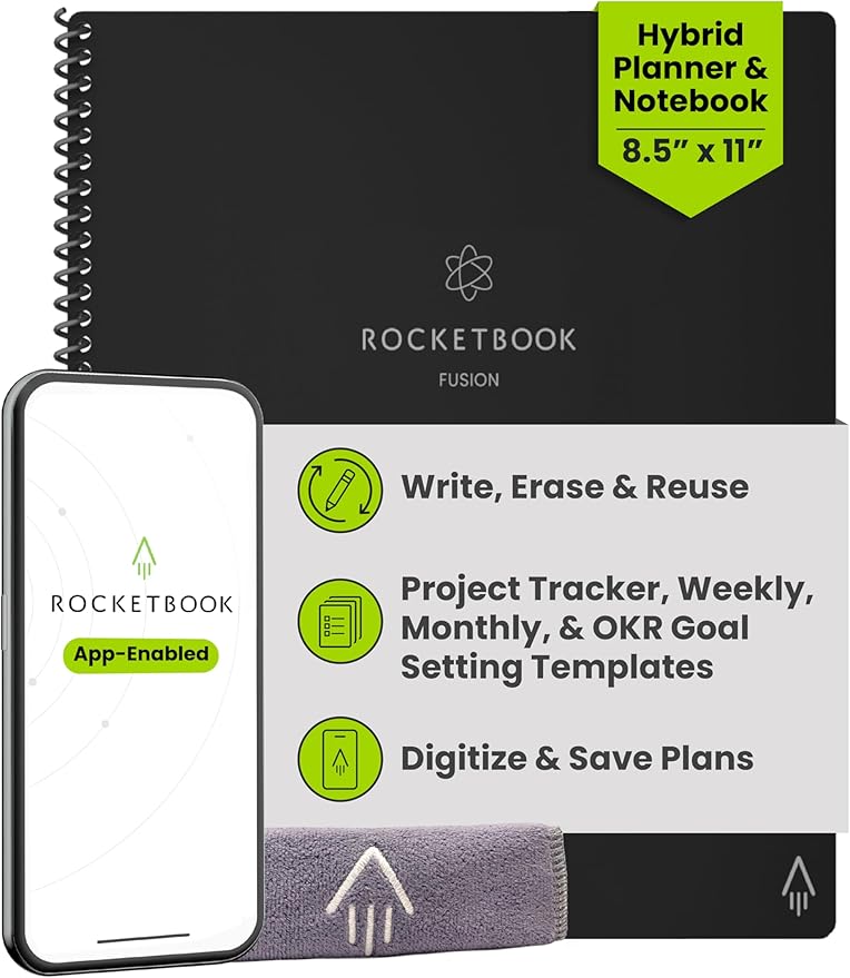 Rocketbook Fusion Hybrid Reusable Planner and Notebook in One, Additional Blank Pages, Goal and Project Tracker, Undated Planner, Letter Size 8.5x11, Black (Pack of 1)