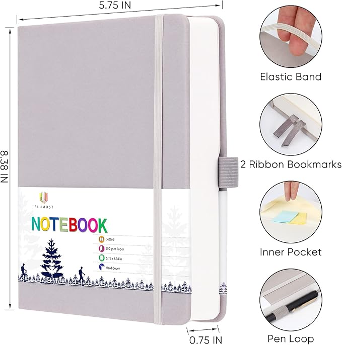 Bullet Dotted Journal Notebook - A5 Dot Grid Notebook with 280 Pages,100gsm Thick Paper,Leather Hardcover Journal for Women Men,5.75'' × 8.38''-Gray