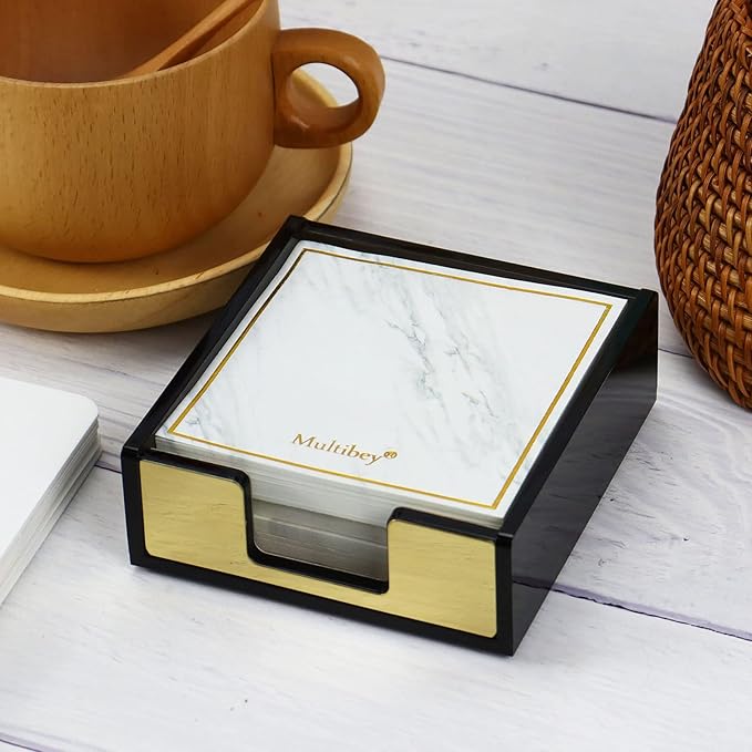 Acrylic Black and Gold Sticky Note Holder 3.7"¡Á3.7 Sticky Note Dispenser for Desk Cute Memo Notepad Holder for Office Supplies