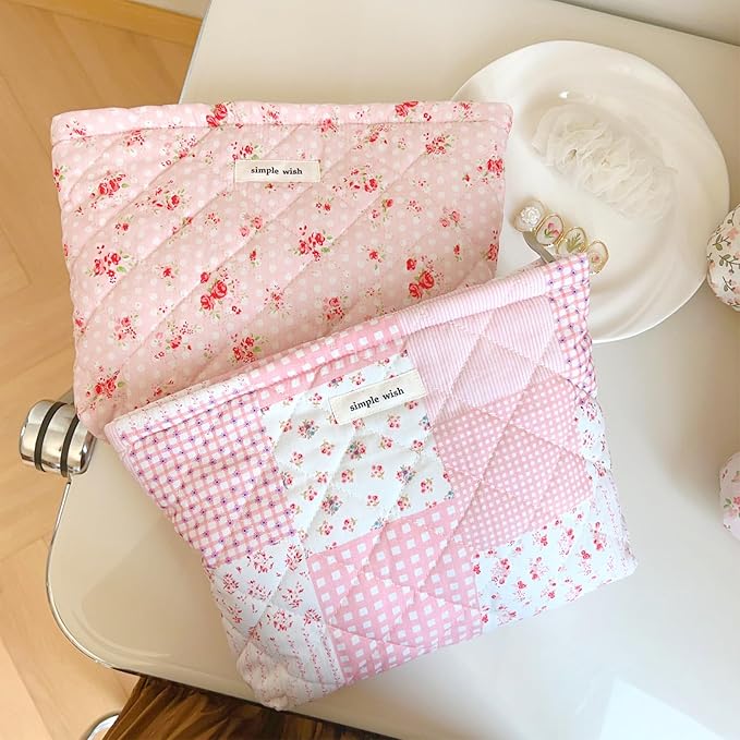 Sminra Floral Makeup Bag Large Cotton Quilted Cosmetic Makeup Bag Organizer, Cottagecore Aesthetic Portable Pouch Purse Toiletry Bag for Women Girls Travel accessories