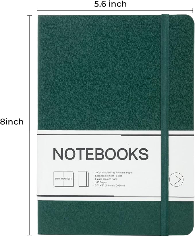 M&G Blank Journal Notebook, 160 Pages, A5 Medium Size 5.6" x 8" for Men Women, 100GSM Thick College Ruled Paper for Journaling, Writing, Sketching, Leather Hardcover, Green