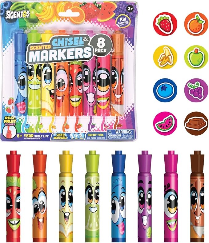 Scentos Scented Chisel Tip Markers 8 Pack, With Fruit Scent, 8 Assorted Colors, Different Fruity Each, Washable Markers, Marker for Kids, for Posters and Science Fairs, Super Washable Ink.