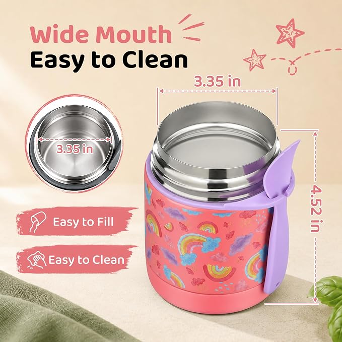 Pawtong 10oz Soup Thermo for Hot Food Kids Insulated Food Jar,Thermo Hot Food Lunch Container, Width Mouth Stainless Steel Lunch Box for Kids with Spoon (Pink-rainbow)