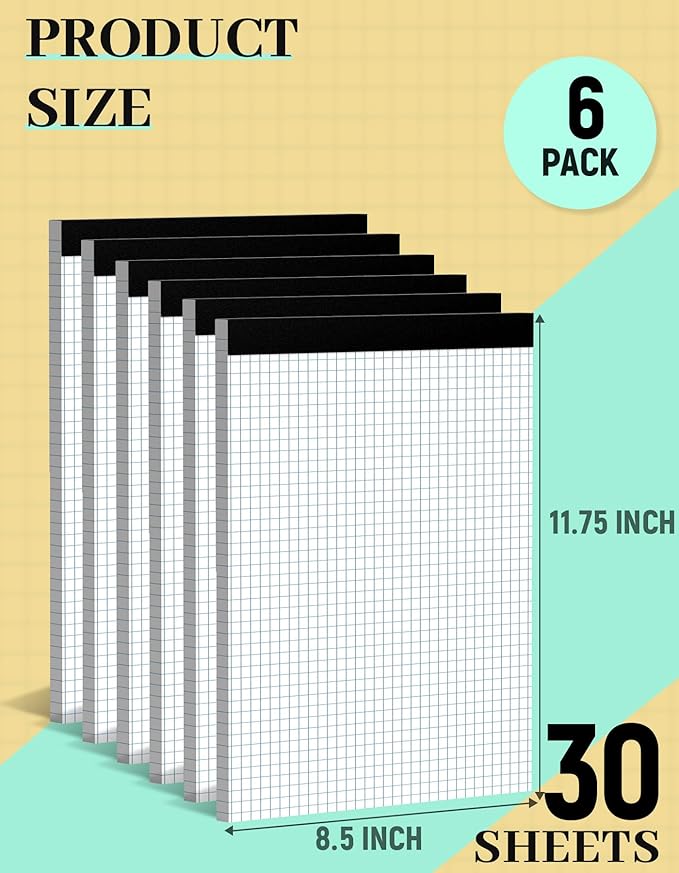 Graph Paper 8.5 x 11, 6 Pack, 4x4 Graph Ruled, Grid Paper 8-1/2 x 11, Blueprint Quadrille Pad 8.5'' x 11'', Easy Tear Off Graph Paper Pad White Grid Notebook, White Draft Paper 30 Sheets/Pad