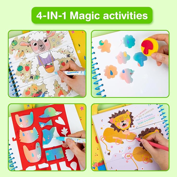 Avenir Reusable Water Coloring Book for Toddlers 3-5 Years, Road Trip & Airplane Mess-Free Portable Educational 4 in 1 Creative Set Water-Reveal Paint Activity Doodle Pad Kids Art Crafts