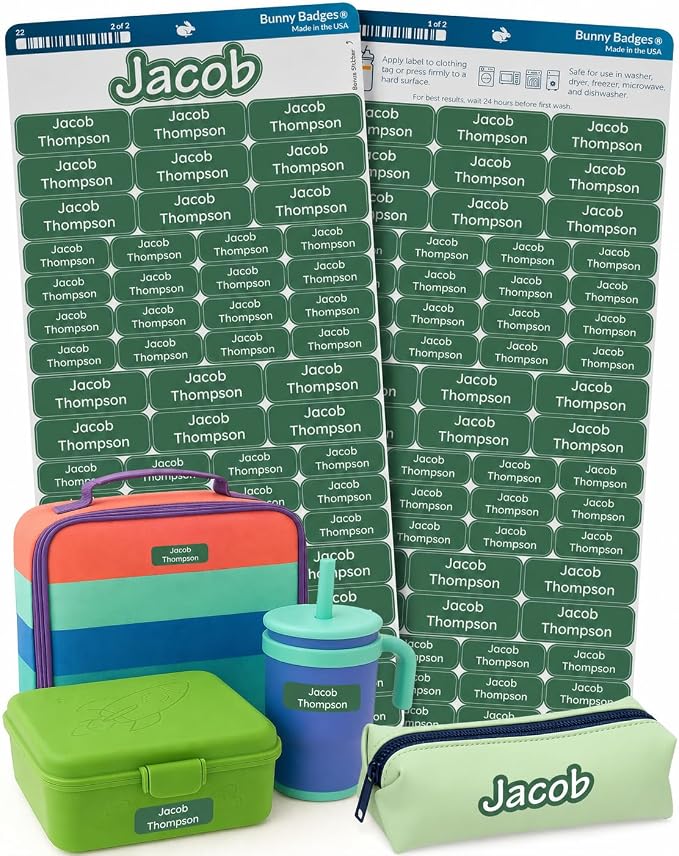 Bunny Badges Personalized Daycare Name Labels for Kids (120 Labels) Custom Label for Clothing Tag - Waterproof Name Stickers for Clothing Tags, Bottles, Backpacks and School Supplies (Forest Fern)