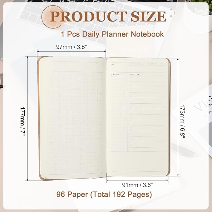 PATIKIL Planner Notebook, 7 x 3.8" 96 Sheets Undated Daily Planner Pocket to Do List Daily Weekly Goals Notebook for Office Home Study Work Time Management Habit Tracker, Brown