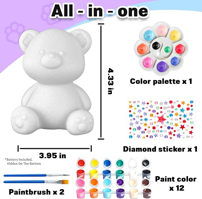 FUNZBO Paint Your Own Bear Lamp Kit - Arts and Crafts Supplies Painting Kits for Kids Teens, DIY Night Light Toy for Girls Boys Ages 3 4 5 6 7 8 9 10 11 12 Birthday Gifts