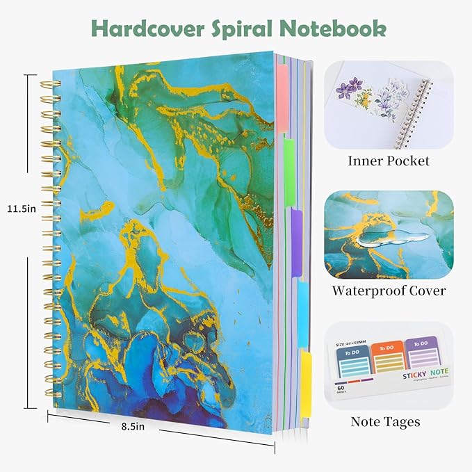 5 Subject Notebook for Work with Removable Dividers Tabs, Large 8.5" x 11 Spiral Lined Notebooks for School Note Taking & Organizer, A4 240 Pages College Ruled Journal for Women & Writing, Blue