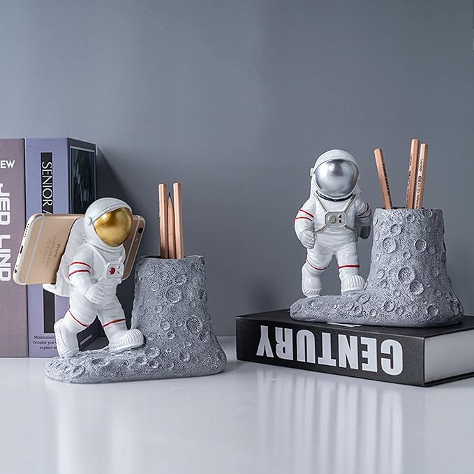 Astronaut Pen Pencil Holder with Phone Stand, Resin Spaceman Pen Container Cell Phone Stand for home Office Desktop Decoration, Gifts for Space Lovers, Gifts for Christmas