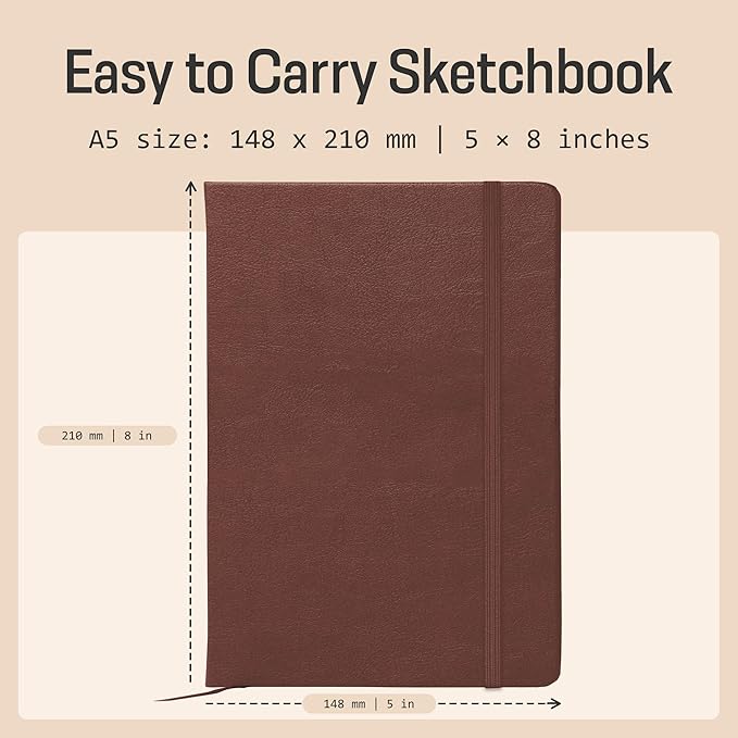 BROWNSTONE JOURNALS A5 Sketch Book Hardcover - 80 Sheets 100 GSM Paper 5"x8", Lay Flat, Vegan Leather Cover, Elastic Band, Back Pocket, Art Drawing Book (Chestnut Brown)