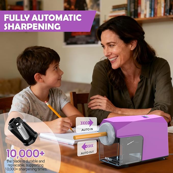 AFMAT Electric Pencil Sharpener, Fast & Hands-Free, 10K+ Uses, 5 Nibs, Fully Automatic Pencil Sharpener for Classroom, Heavy Duty Sharpeners for No.2/Jumbo/Colored Pencils (φ6.5-10.5mm) US Plug(120V)