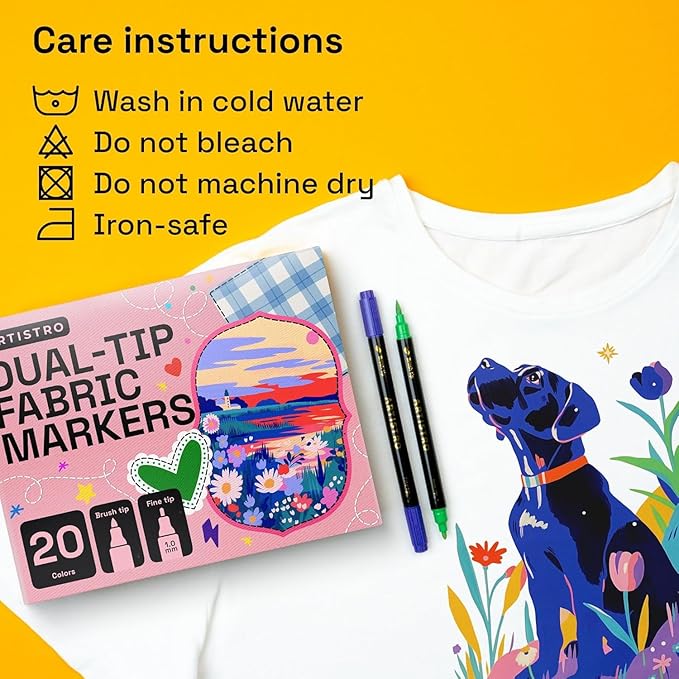 ARTISTRO 20 Dual-Tip Fabric Markers - Fabric Decorating Kit - Permanent for Clothes - No Bleed Pens for T-Shirts, Bags, Textile, Canvas, and More (Brush Tip and Fine Tip)