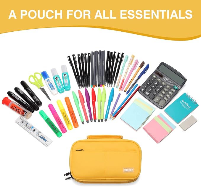 VASCHY Pencil Case, Large Pencil Pouch with Compartments for Middle School,Work,Office Pen Organizer Holder School Supply Yellow