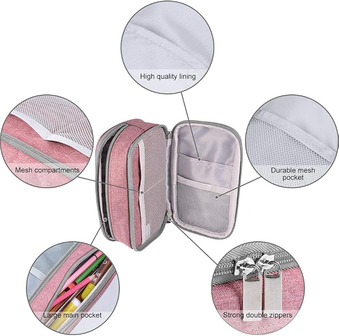 Big Capacity Pencil Case Large Pencil Bag Pouch High Storage Pen Marker Holder 3 Multi Functional Compartments Office Desk Organizer Makeup Bag, Pink