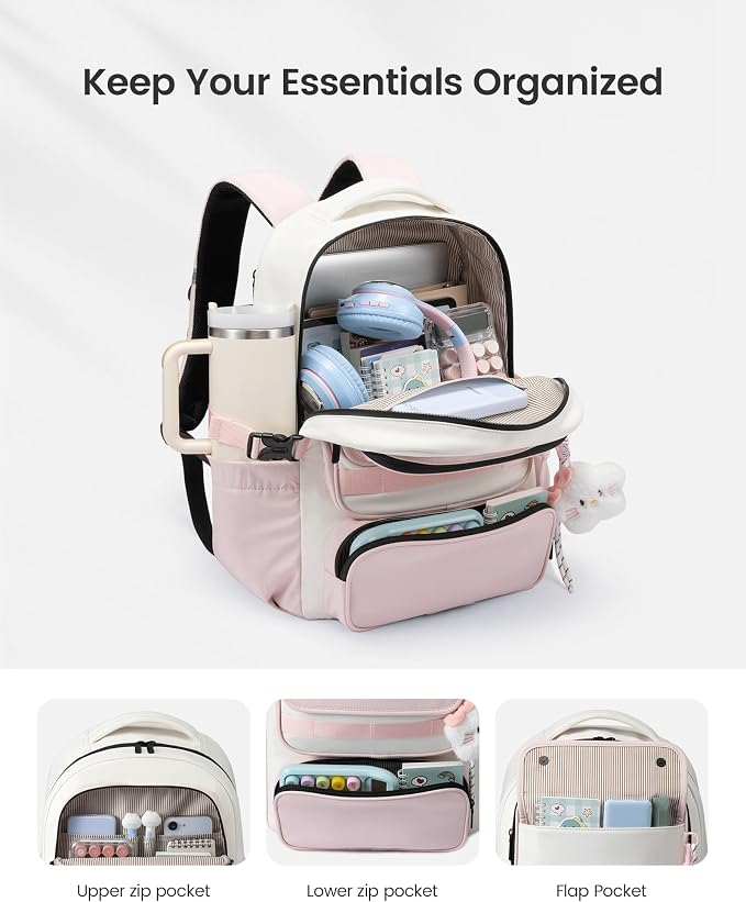 LOVEVOOK School Backpack for Teen Girl, Cute Bookbag with Large Bottle Holder, Lightweight Elementary Middle High School Student Backpack Fits 15.6 Inch Laptop, Back to Schools Kid Gift, Pink-Cream
