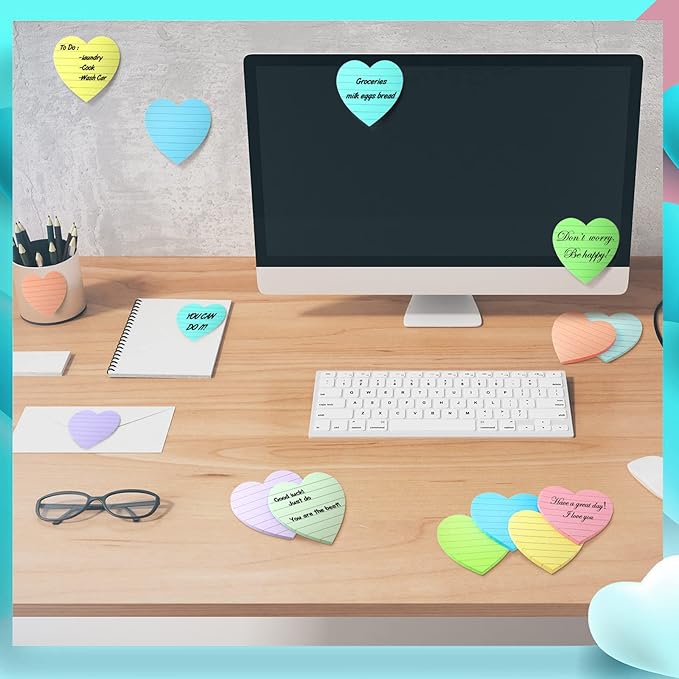Teling 24 Pack Valentine's Day Sticky Notes Heart Lined Sticky Notes Self Adhesive Love Memo Pads for Valentines Party Exchange Gifts Office Home School 3x3 Inch(Light Colors, Classic)