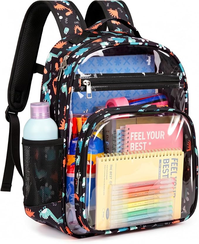 Soimeat Clear Backpack for Girls - Kids Clear Bookbag - Fabric & PVC Transparent Backpacks for Elementary School, Black Dinosaur