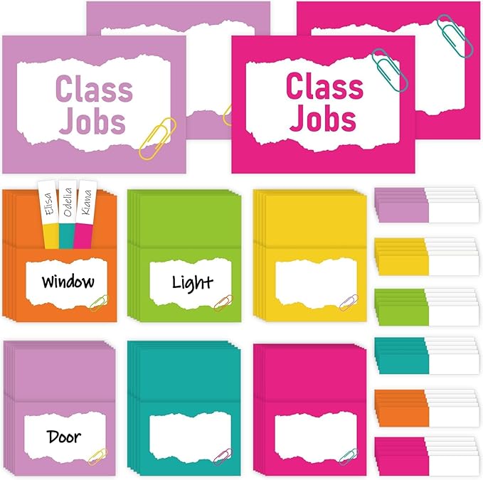 QOUBAI 112 Pcs Colorful Class Jobs Bulletin Board Set Rainbow Classroom Jobs Pocket Chart Bulk Boho Class Management Educational Chart Teacher's Helper Posters Classroom Decorations School Supplies