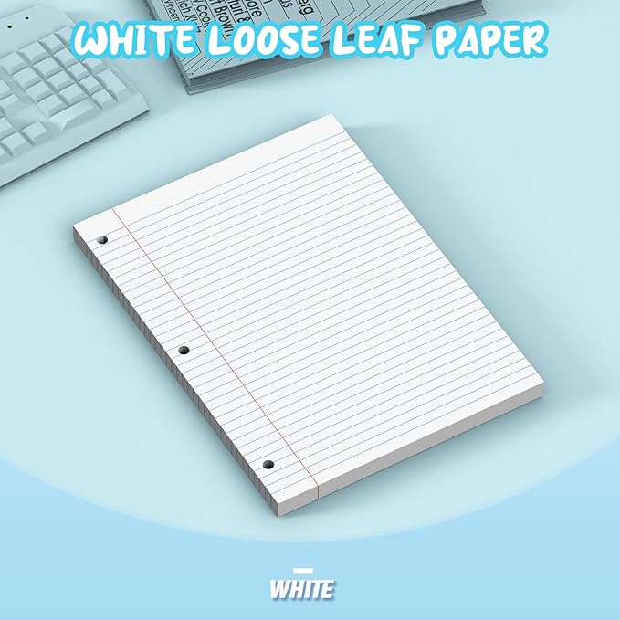 White Loose Leaf Paper 8 x 10.5, 130 Sheets Lined Paper College Ruled Paper, 3 Hole Punched Notebook Paper College Ruled, 3 Ring Binder Paper 8 x 10.5, Filler Paper College Ruled for Office, School