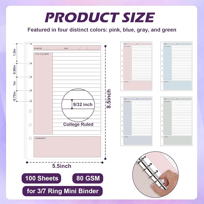 100 Sheet 7-Hole 5.5" x 8.5" Lined Filler Paper for 3 or 7 Ring Binder College Ruled Cornell Notes Loose Leaf Paper for Mini Binders Half Letter Planner Refill Mini Binder Inserts for School Office