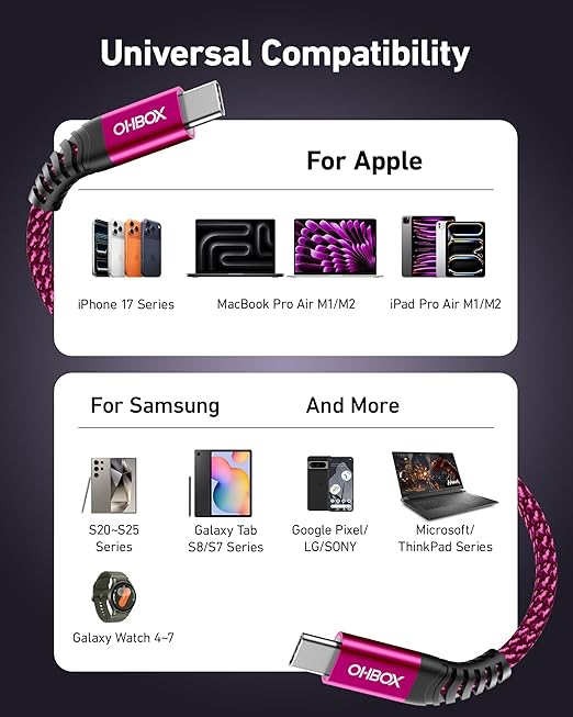 USB C Cable Fast Charging 60W [2Pack 6FT], USB C to USB C Cable for Car Durable Braided iPhone USB Type C Cable USBC to USBC Cord for iPhone 17/16/15/Pro Max, Samsung Galaxy S23 and More-Rose Red