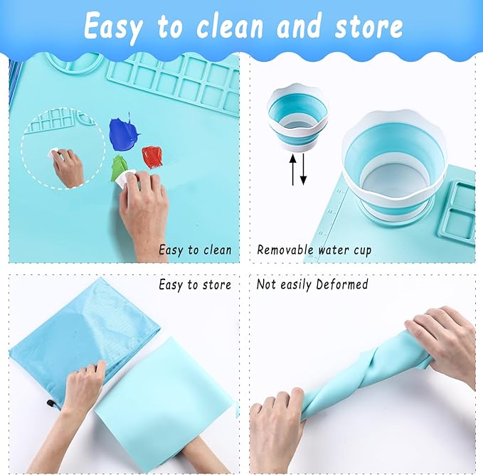 DIYDEC Silicone Craft Mat 20X16 Inch Large Silicone Art mat with Detachable Cup Painting Mat with 10 Painting Brushes Silicone Drawing Mat Sheets for Kids Adult DIY Accessories (Blue)