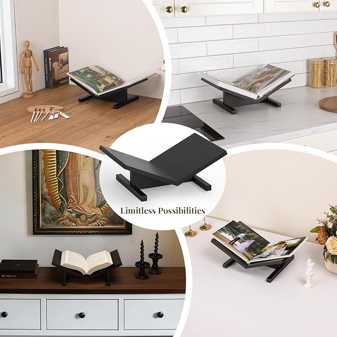 PUERSI Open Display Stand, Wooden Large Book Holder, Coffee Table Stand, Sturdy Base Design, Wood Easel for Magazine, Art, Cook Book, Bible, Quran - Black
